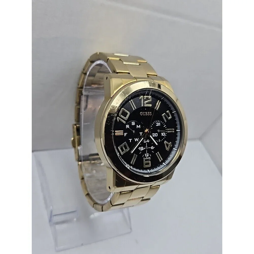 Mens Guess Steel Gold Tone 44mm Day Date Watch 100M Quartz New Battery Classic